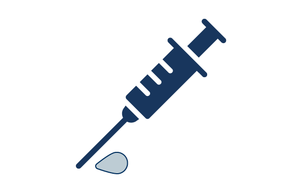 Blue coloured syringe icon with liquid dropping from the tip